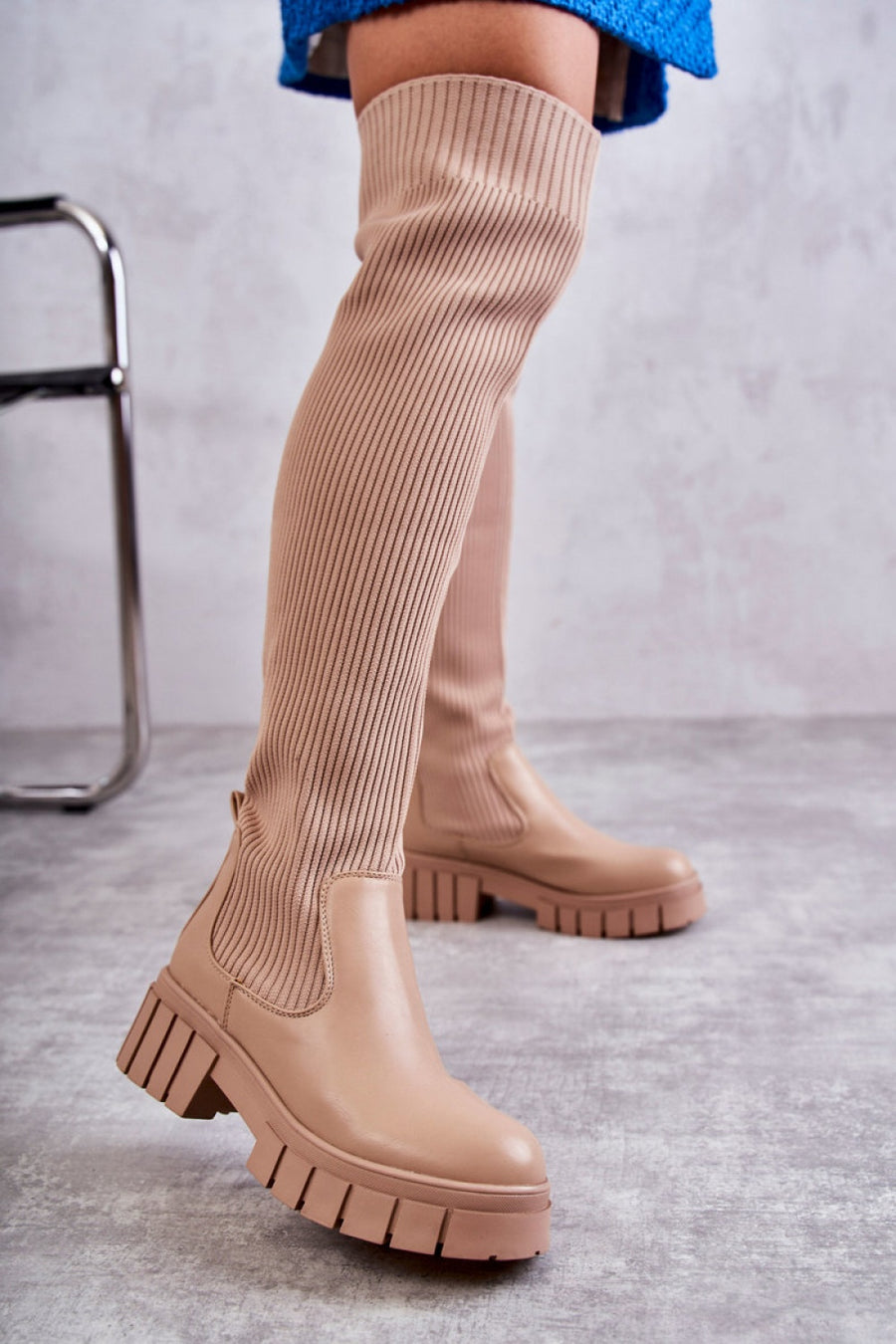 Step In Style Austin Beige Faux Leather Platform Over The Knee Boots