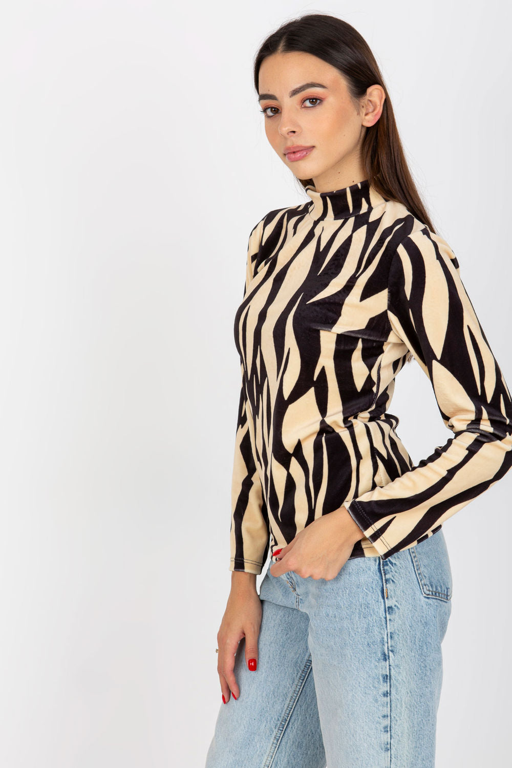 Rue Paris Beige Stand Collar Velvet Long Sleeve Blouse - view 2