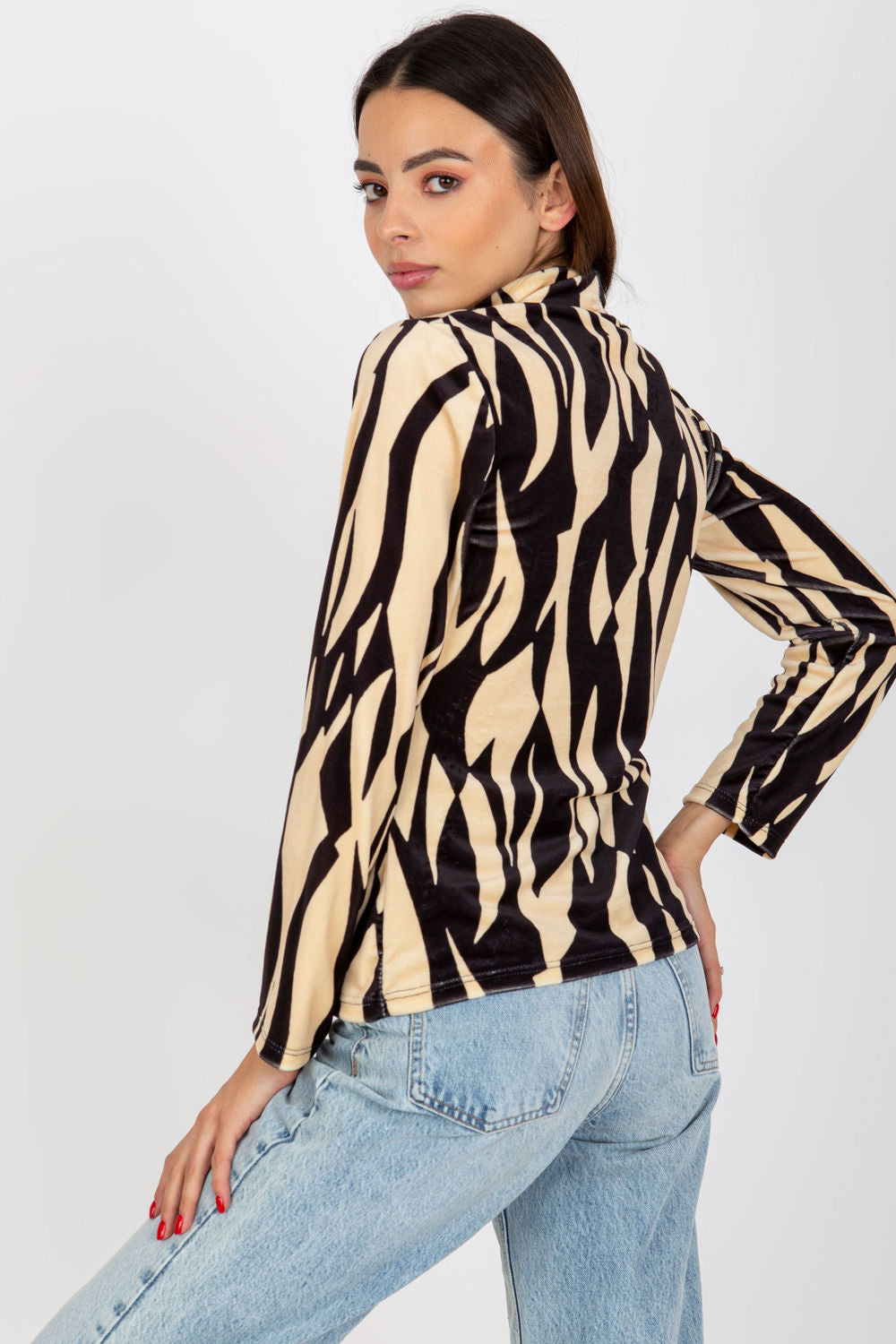 Rue Paris Beige Stand Collar Velvet Long Sleeve Blouse - view 3
