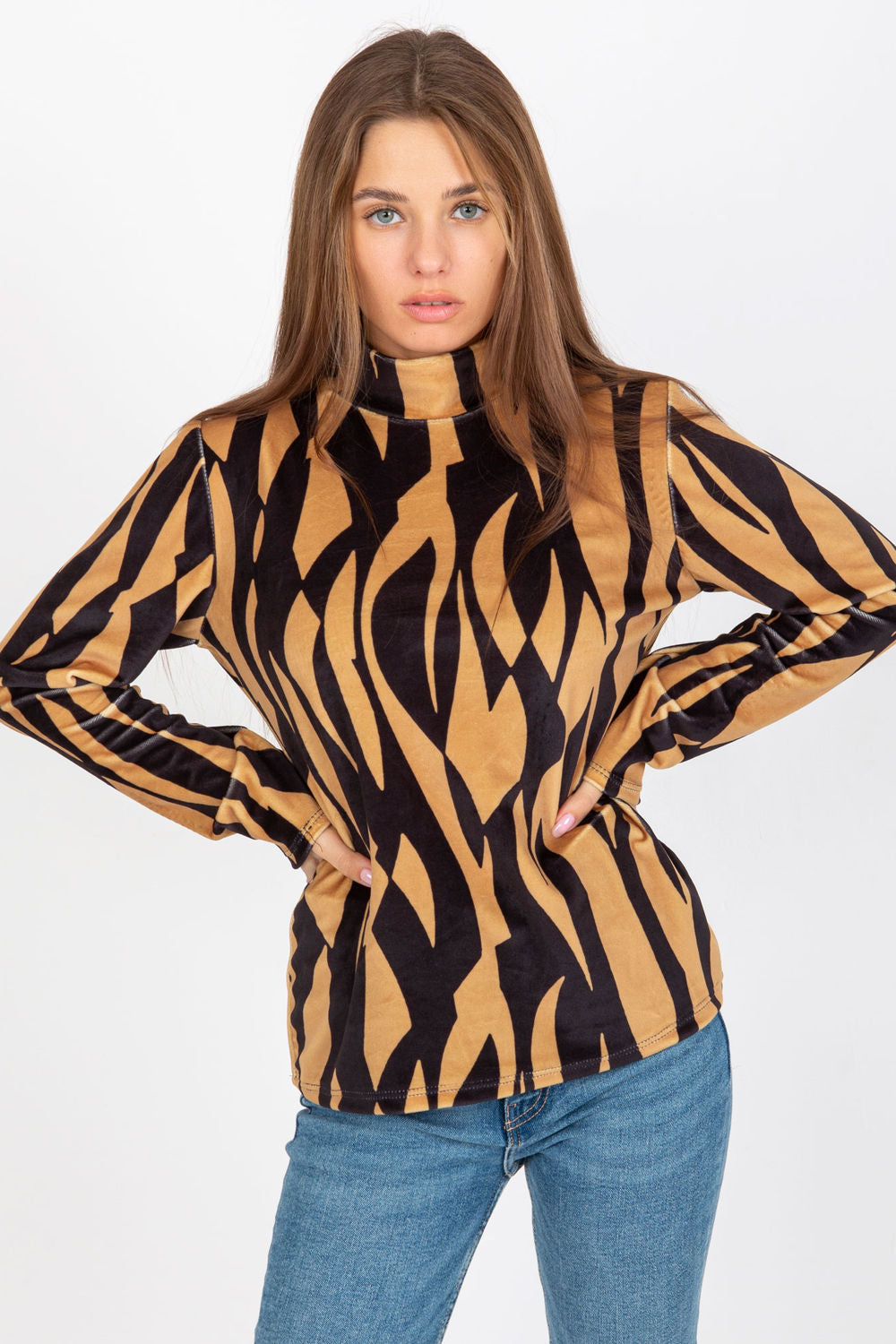 Rue Paris Camel Stand Collar Velvet Long Sleeve Blouse