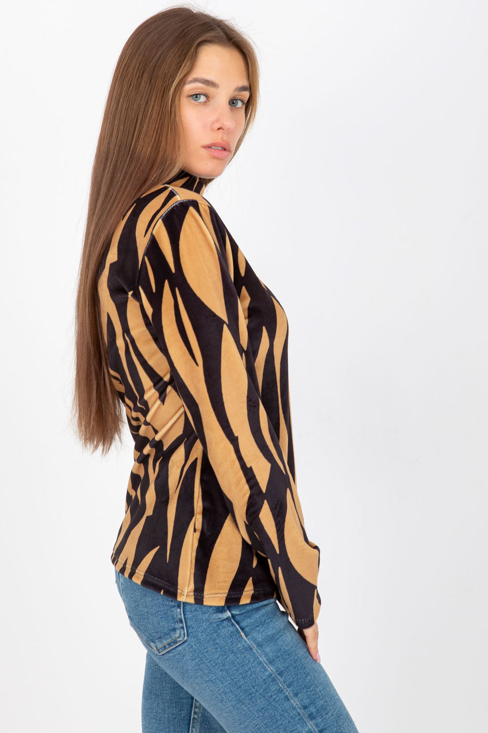 Rue Paris Camel Stand Collar Velvet Long Sleeve Blouse - view 2