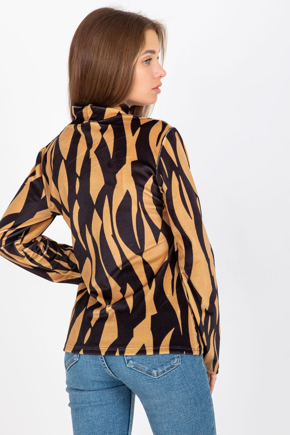 Rue Paris Camel Stand Collar Velvet Long Sleeve Blouse - view 3