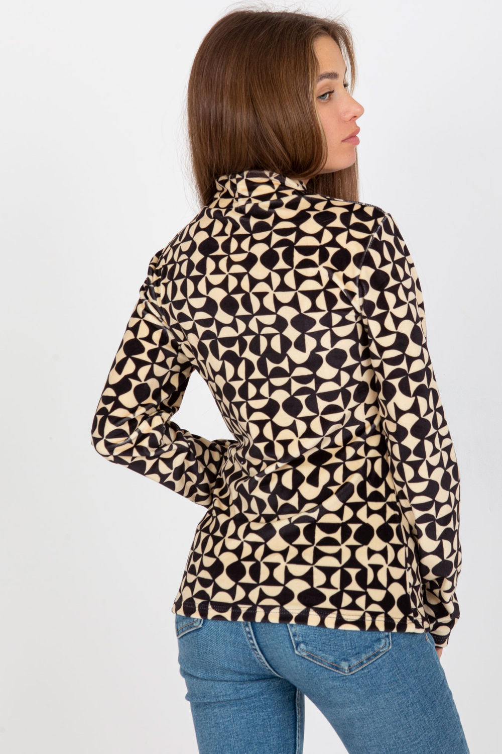 Rue Paris Beige Collared Velvet Long Sleeve Blouse - view 3