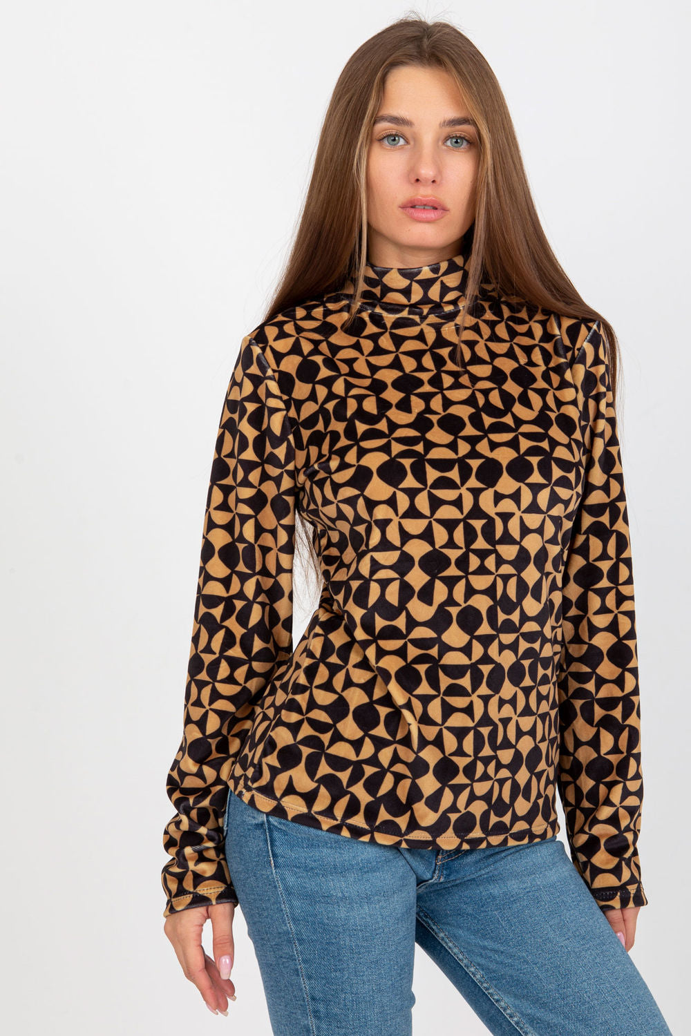 Rue Paris Camel Velvet Long Sleeve Blouse