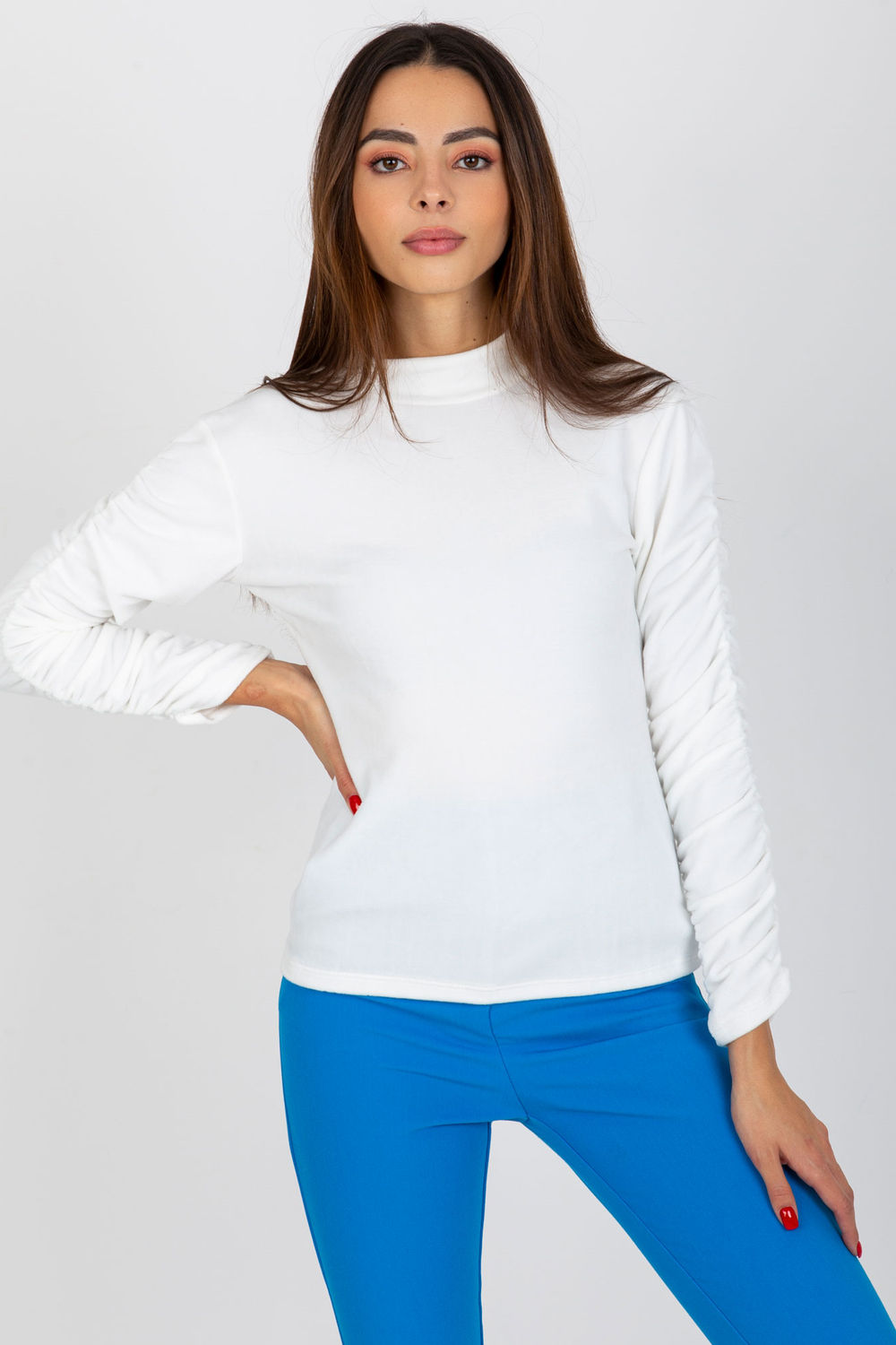Rue Paris Ecru Stand Collar Velvet Long Sleeve Blouse