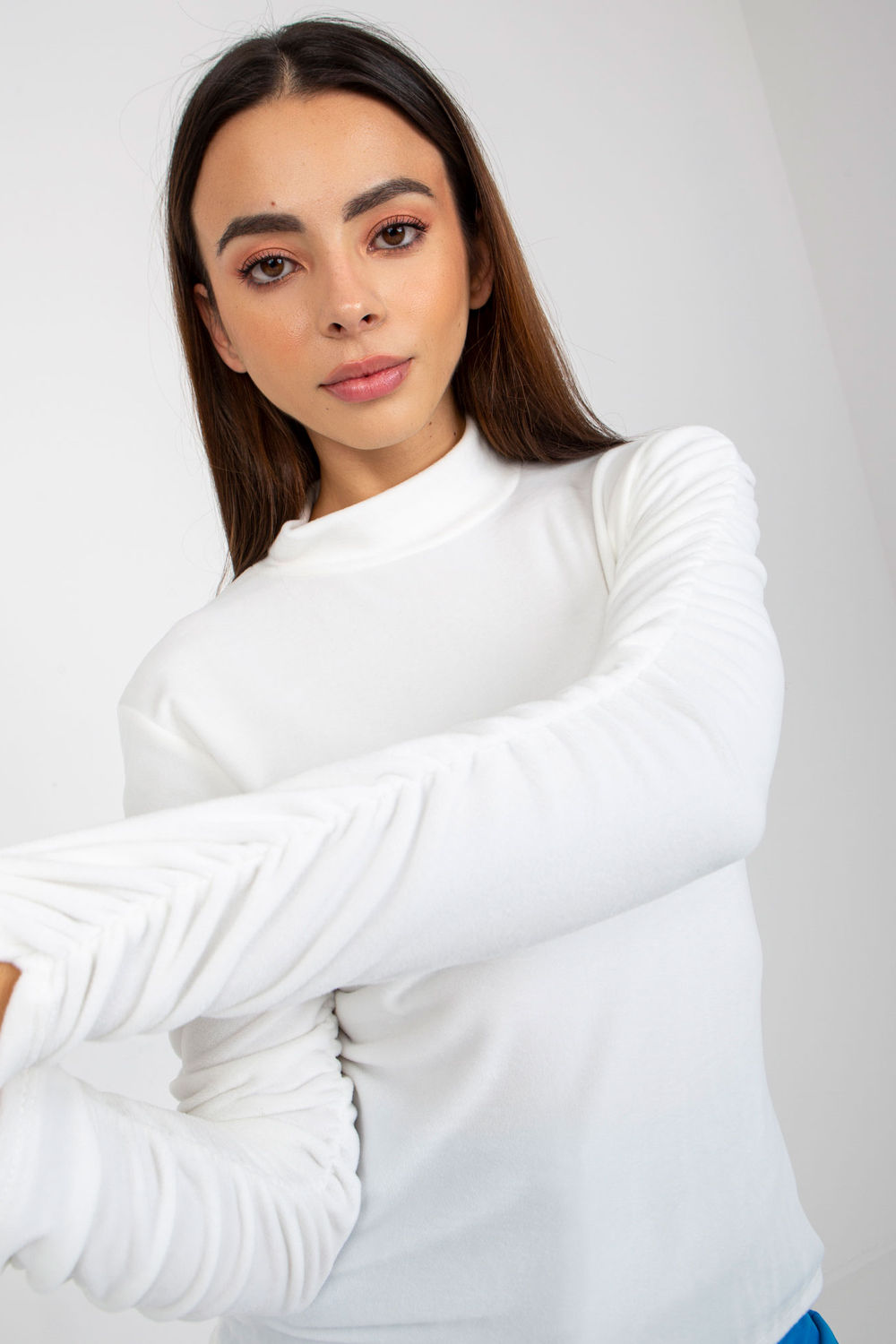 Rue Paris Ecru Stand Collar Velvet Long Sleeve Blouse - view 2