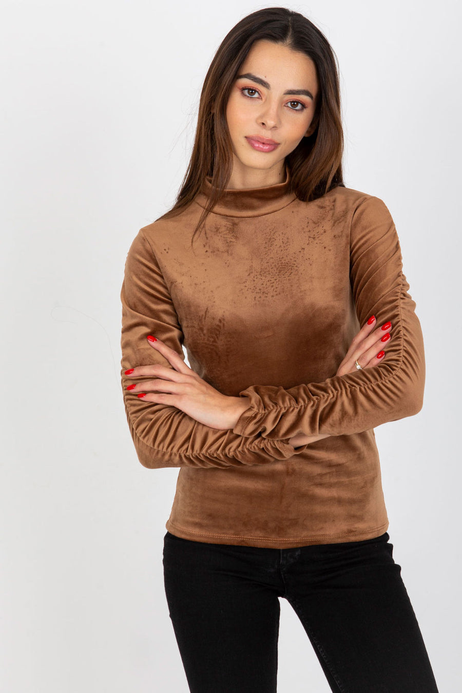 Rue Paris Brown Velvet Long Sleeve Blouse