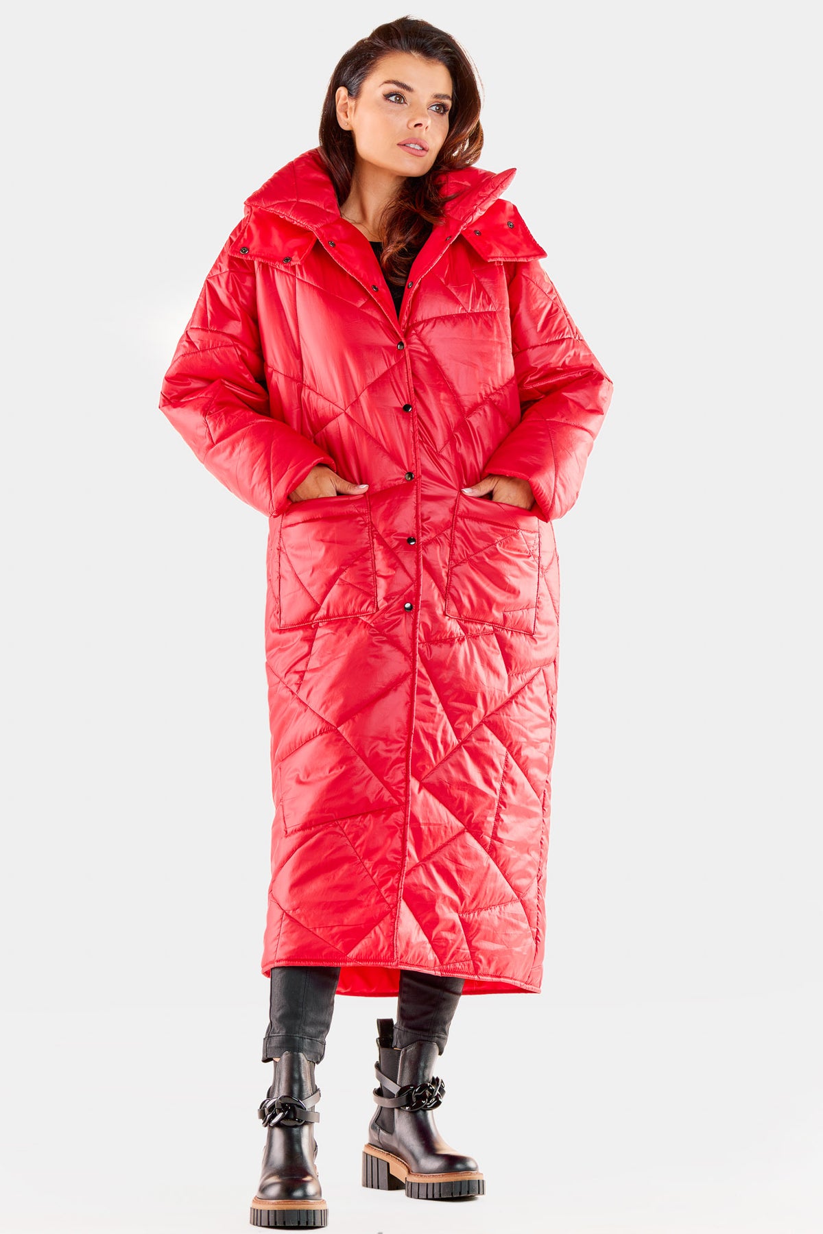 Awama Red Polyester Hooded Coat