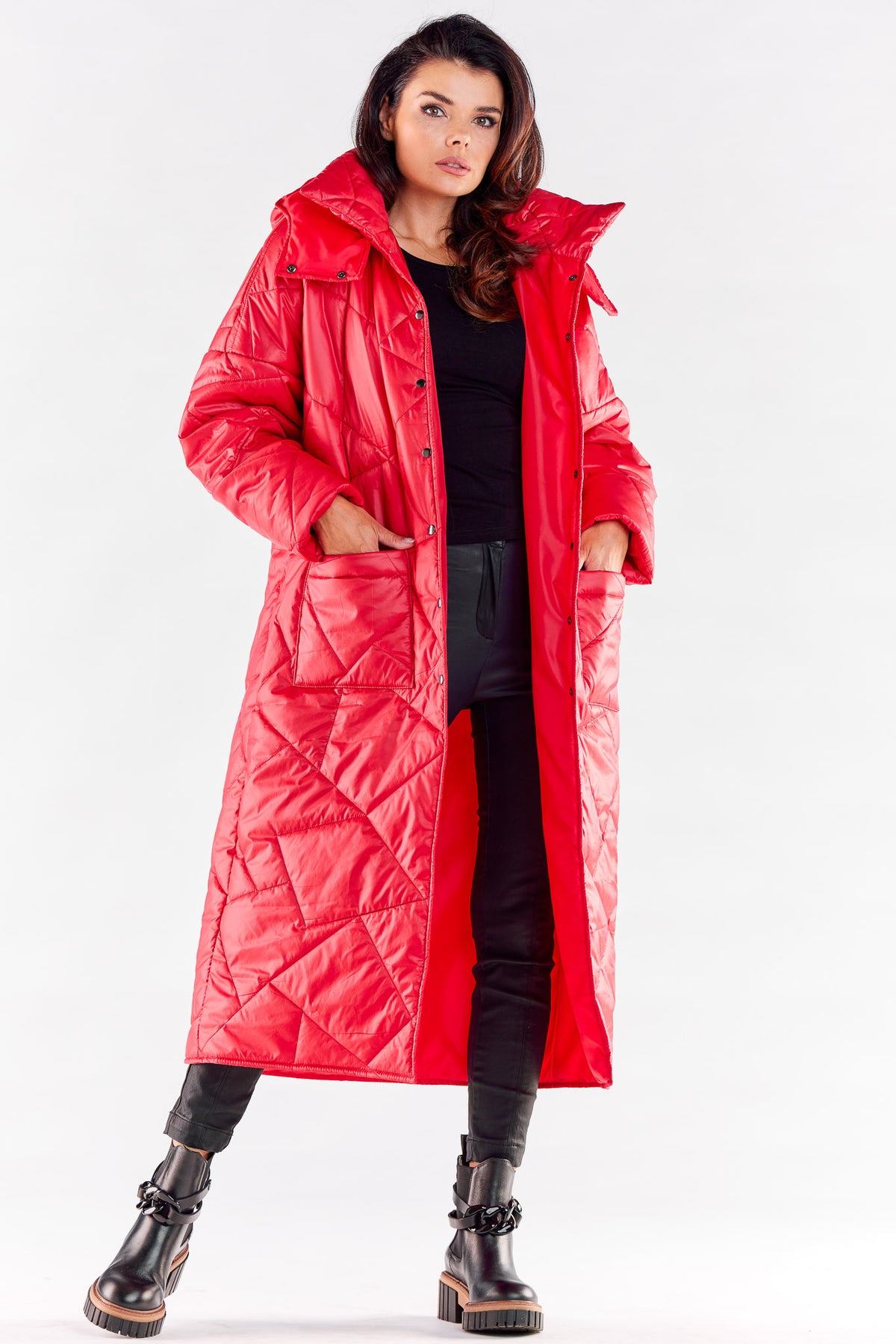 Awama Red Polyester Hooded Coat - view 2
