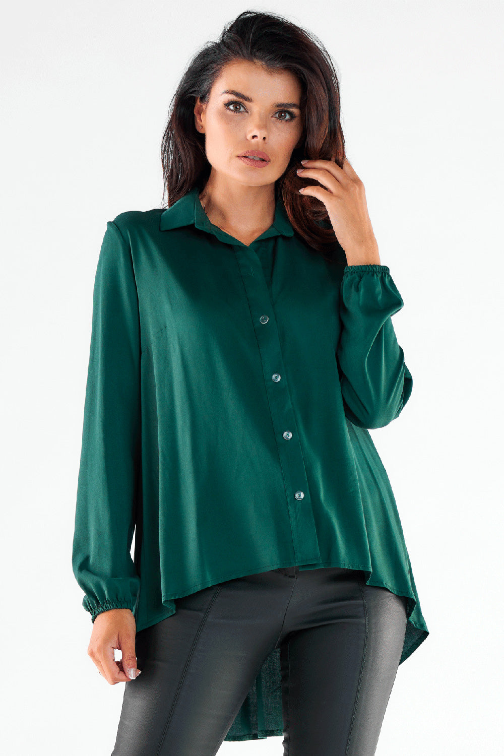 Awama Bottle Green Faux Leather Long Sleeve Top