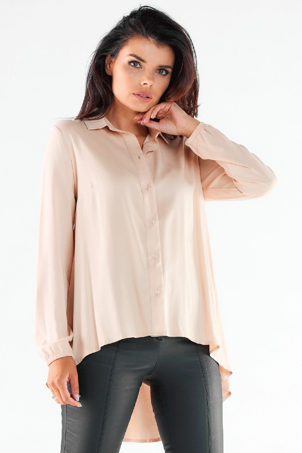 Awama Beige Faux Leather Long Sleeve Top