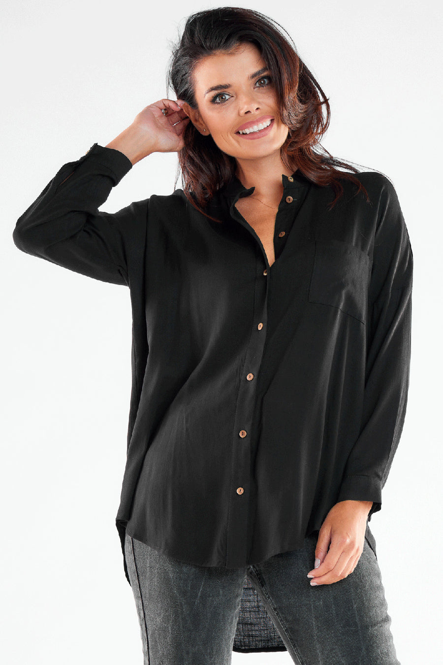 Awama Black Button Front Long Sleeve Top