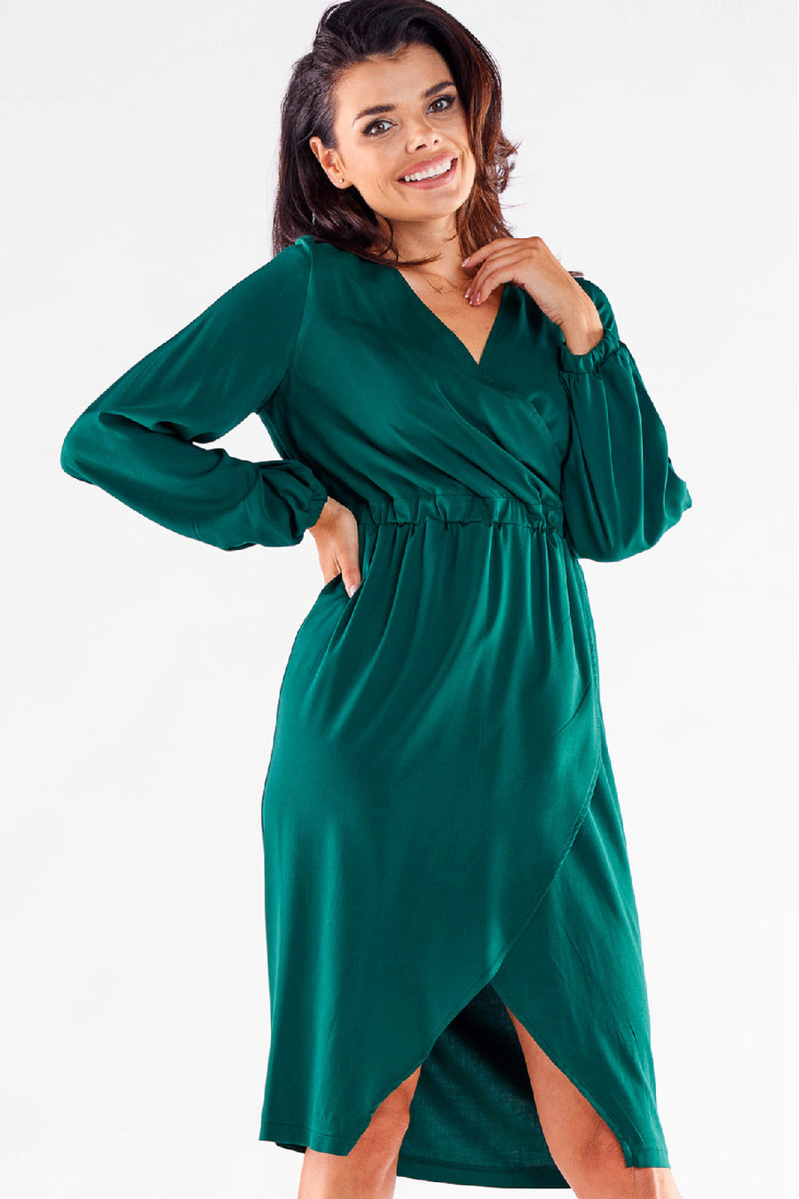 Awama Bottle Green V-Neck Cocktail Dress