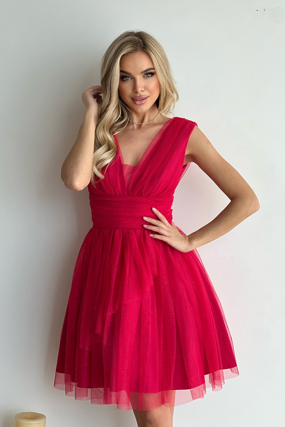 Bicotone Fuchsia Cut Out Mesh Flared Evening Dress