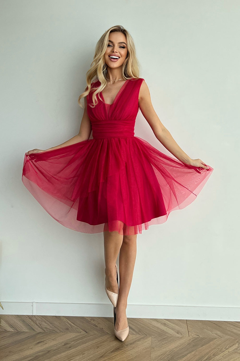 Bicotone Fuchsia Cut Out Mesh Flared Evening Dress - view 2