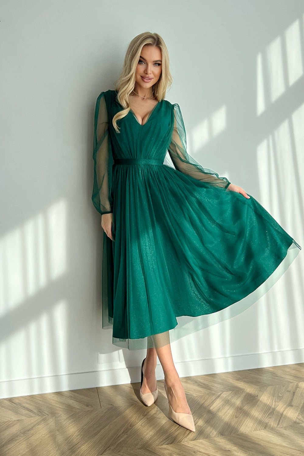 Bicotone Green Midi Mesh Evening Dress - view 2