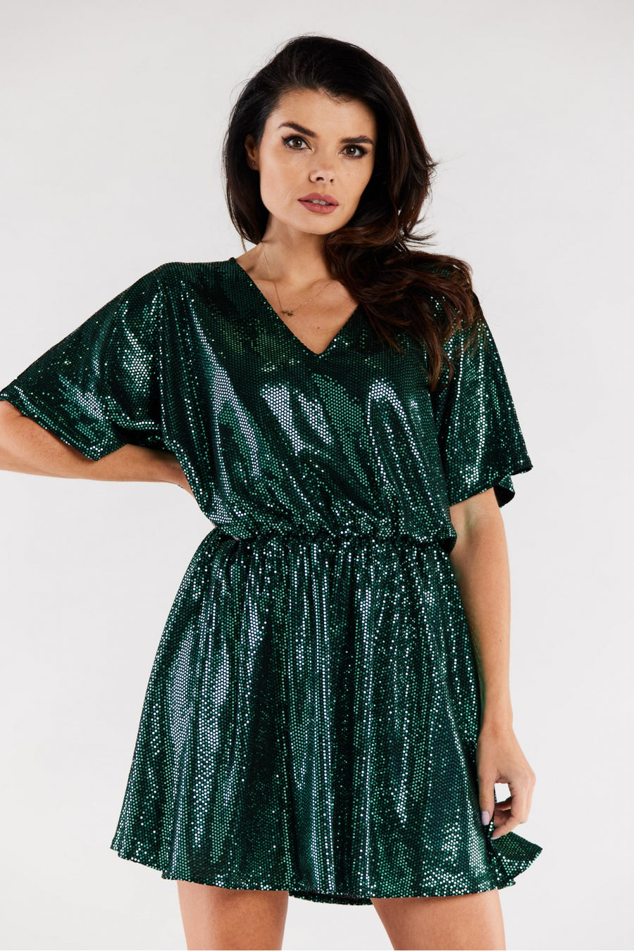 Awama Polka Dot Polyester Flared Short Sleeve Evening Dress