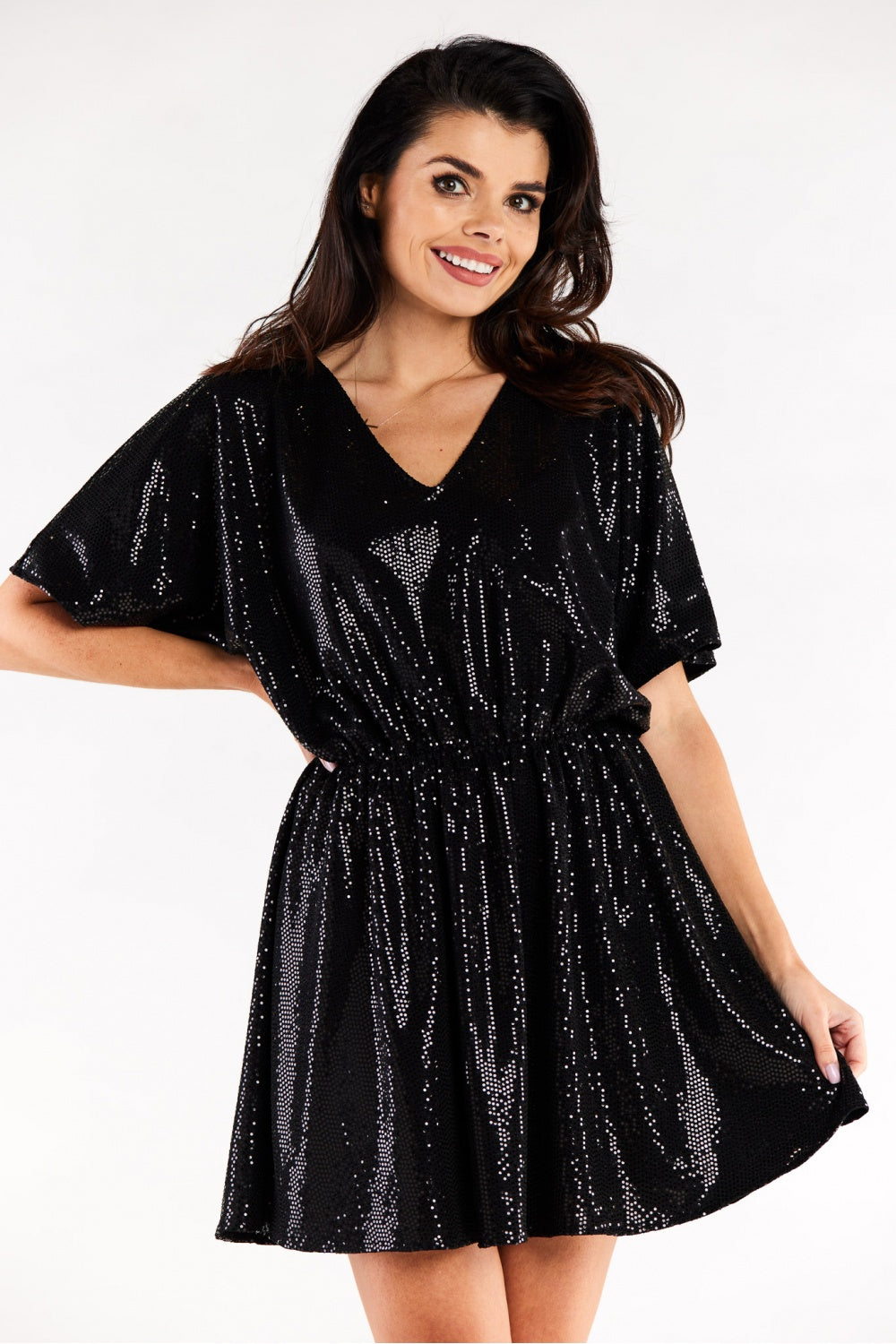Awama Polka Dot Flared Short Sleeve Evening Dress