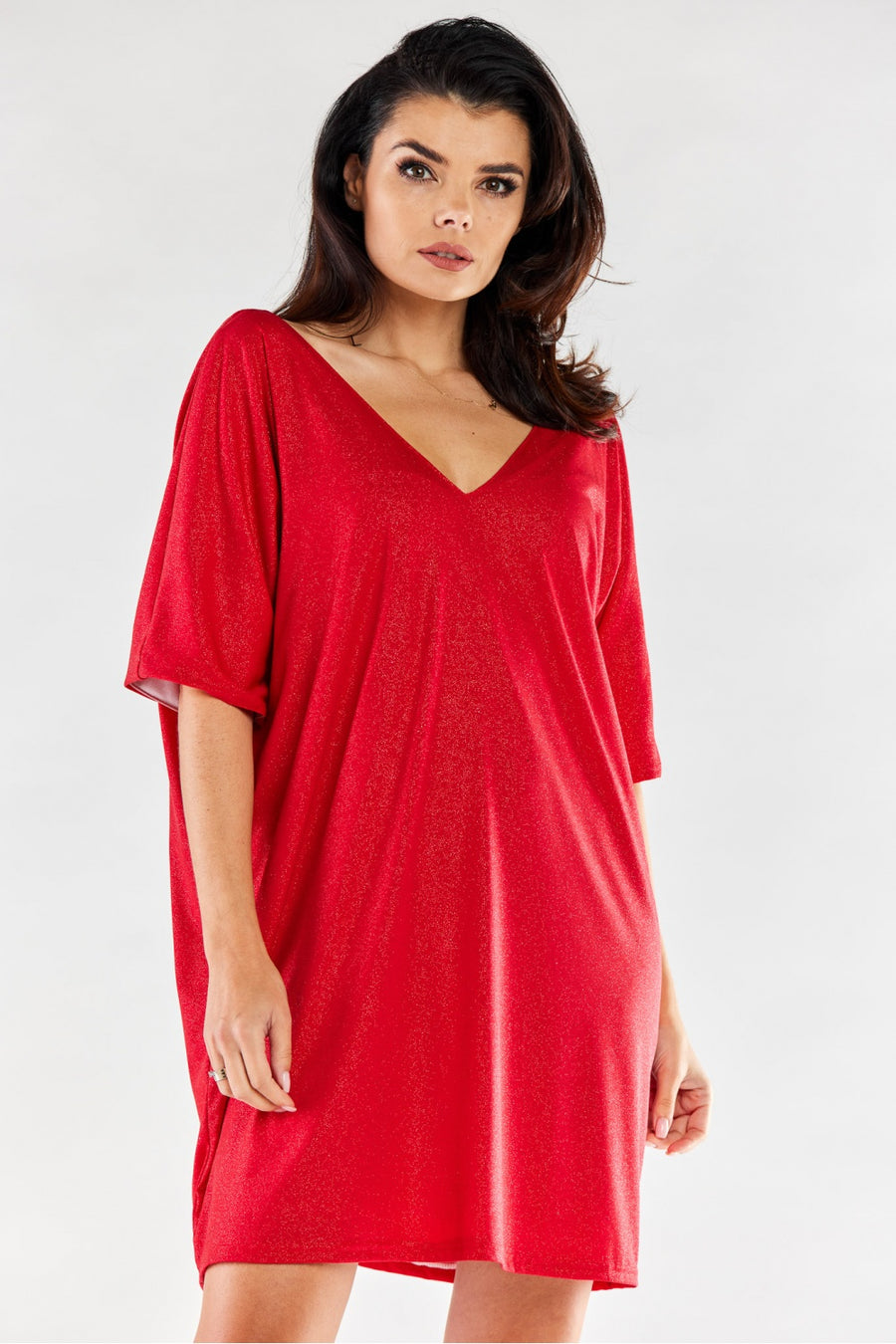 Awama Red V-Neck Short Sleeve Evening Dress