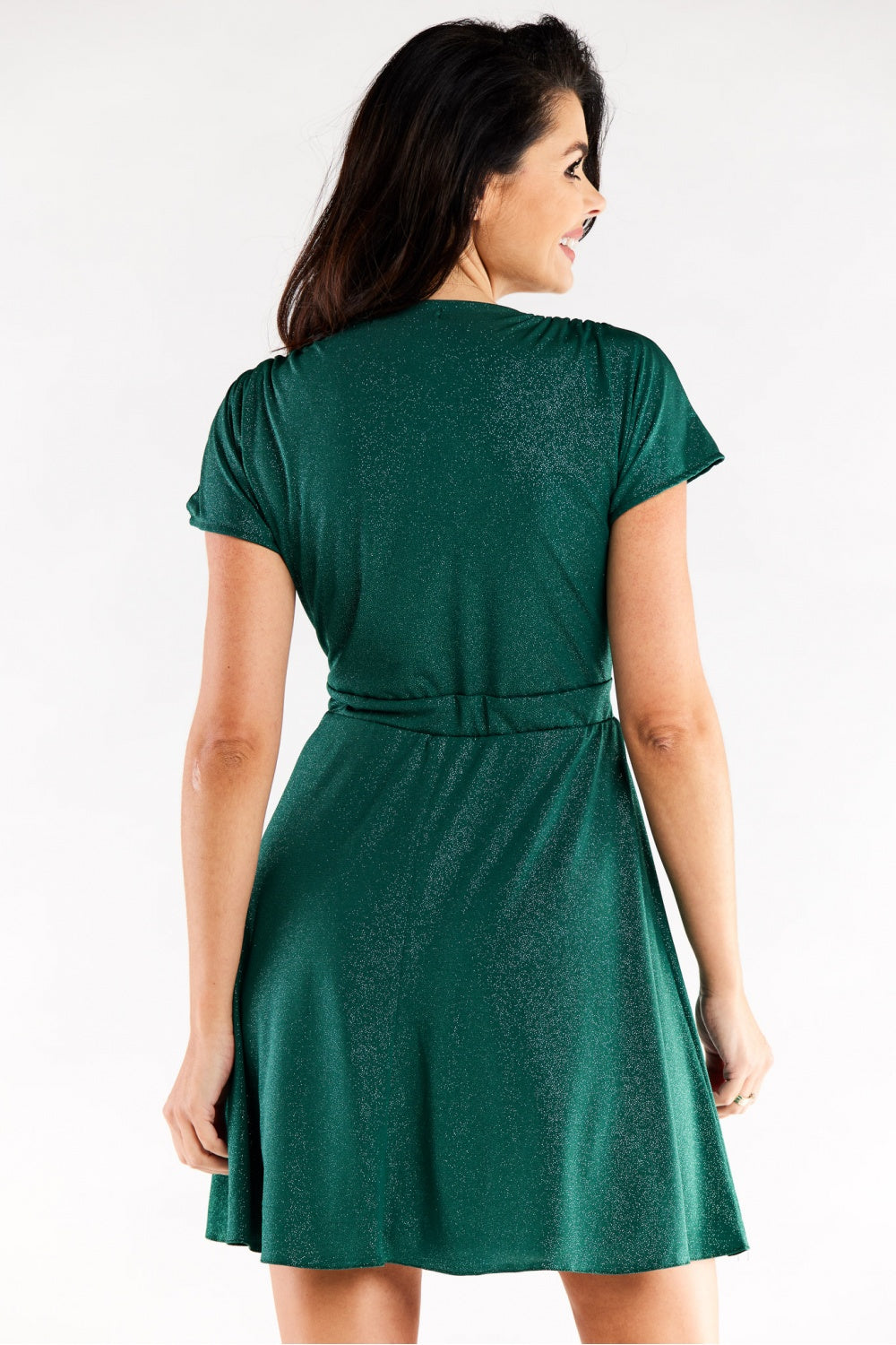 Awama Bottle Green Flared Short Sleeve Evening Dress - view 3