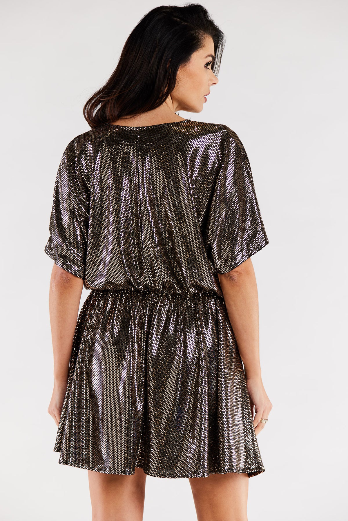 Awama Polka Dot Flared Short Sleeve Evening Dress with Lining - view 3