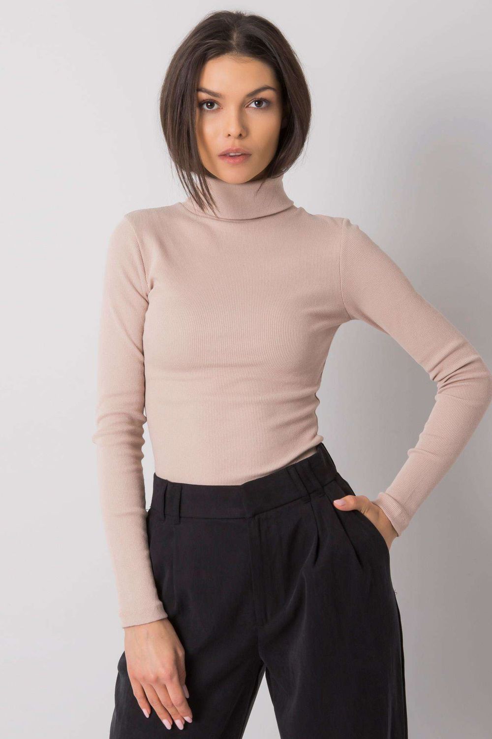 Rue Paris Beige Bodycon Long Sleeve Roll Neck Jumper