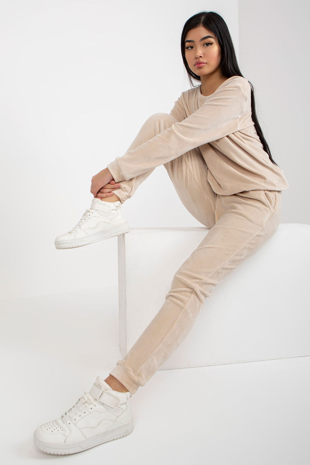 Rue Paris Light Beige Velvet Long Sleeve Co-Ord Set