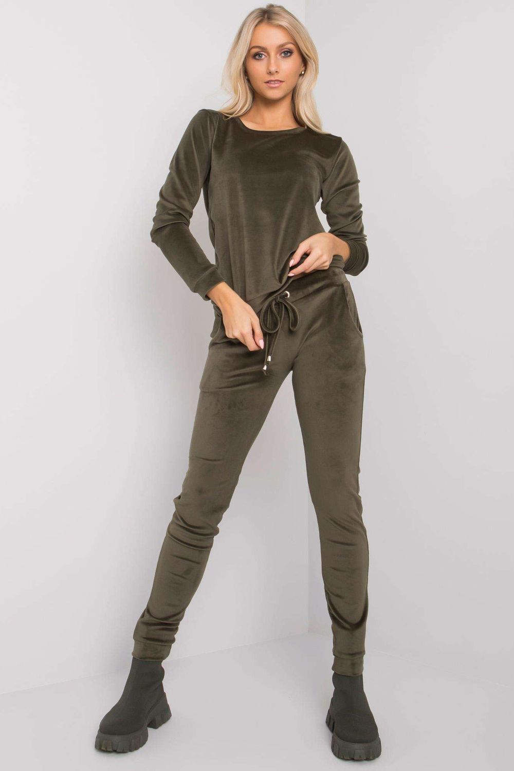 Rue Paris Khaki Velvet Long Sleeve Co-Ord Set