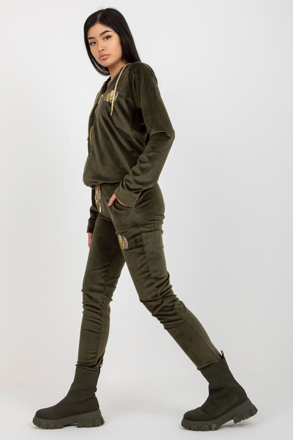 Relevance Khaki Velvet Long Sleeve Co-Ord Set with Pockets - view 2