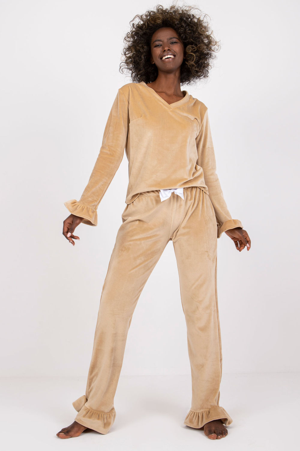 Rue Paris Camel Velvet Long Sleeve Pyjamas