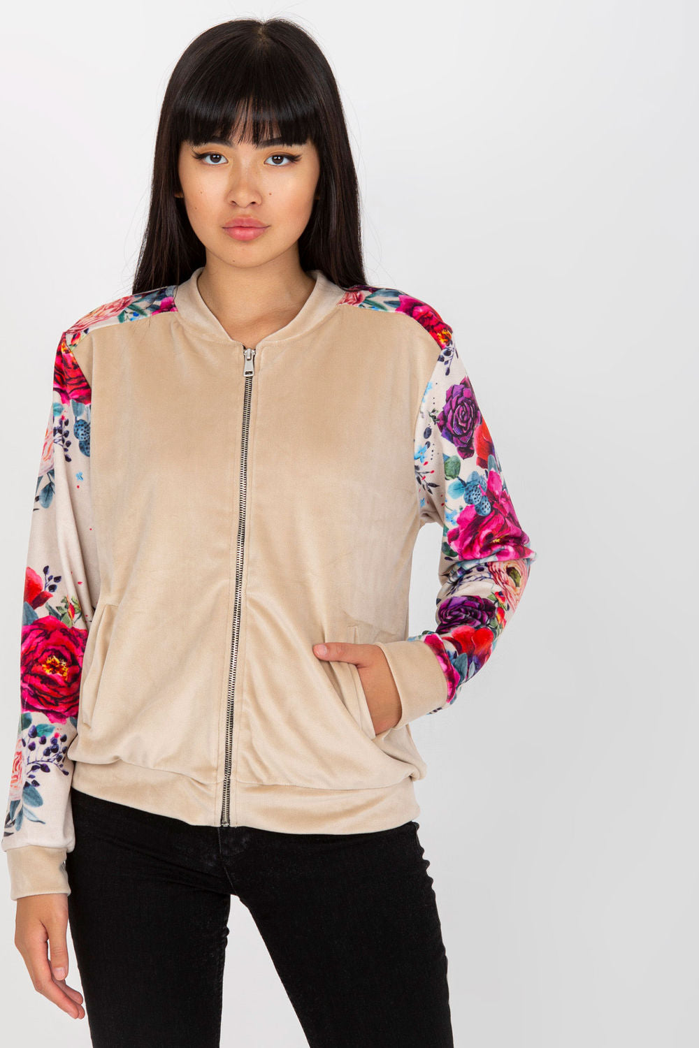 Rue Paris Beige Velvet Zip Up Sweatshirt