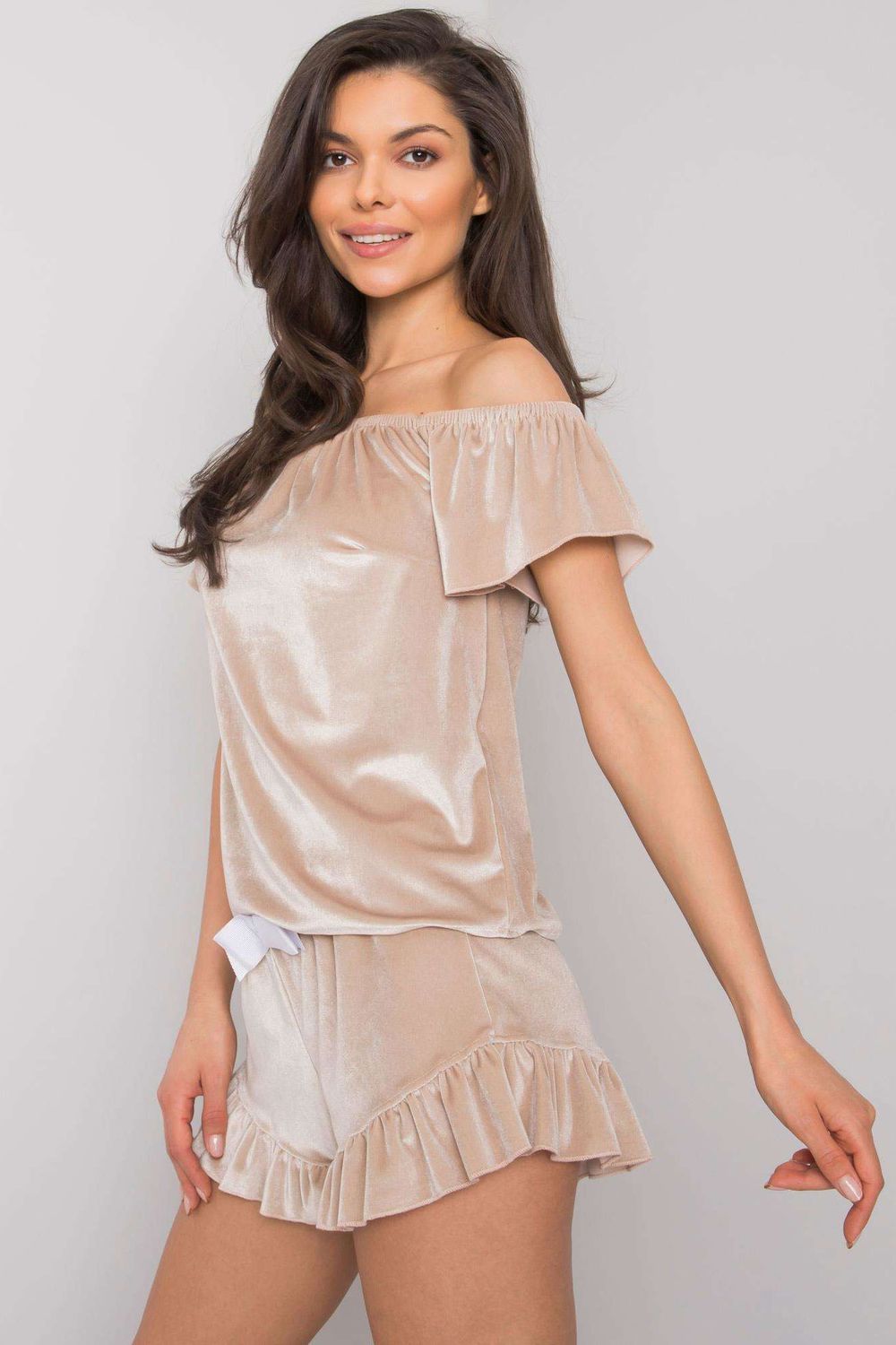 Rue Paris Beige Velvet Short Sleeve Pyjamas - view 2