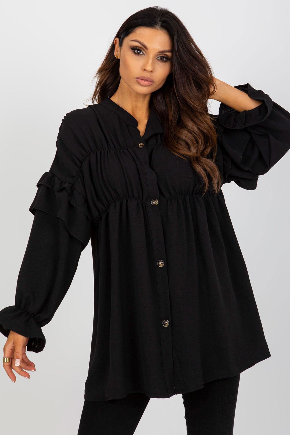 Och Bella Black Button Front Long Sleeve Top