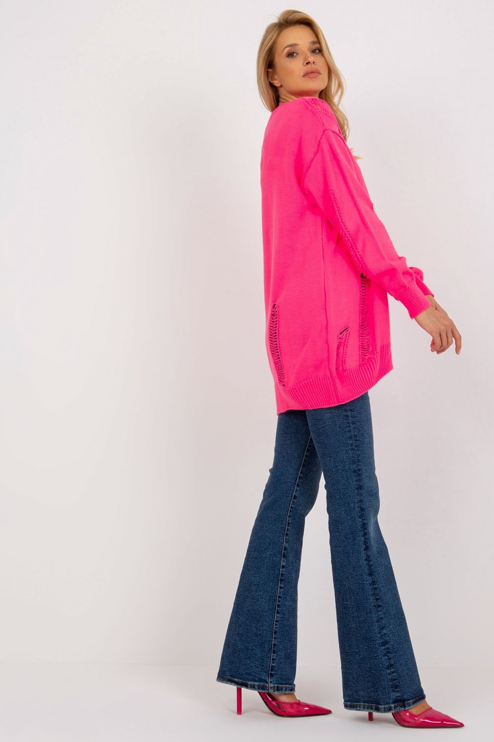 Rue Paris Neon Pink Button Front Acrylic Long Sleeve Cardigan - view 2