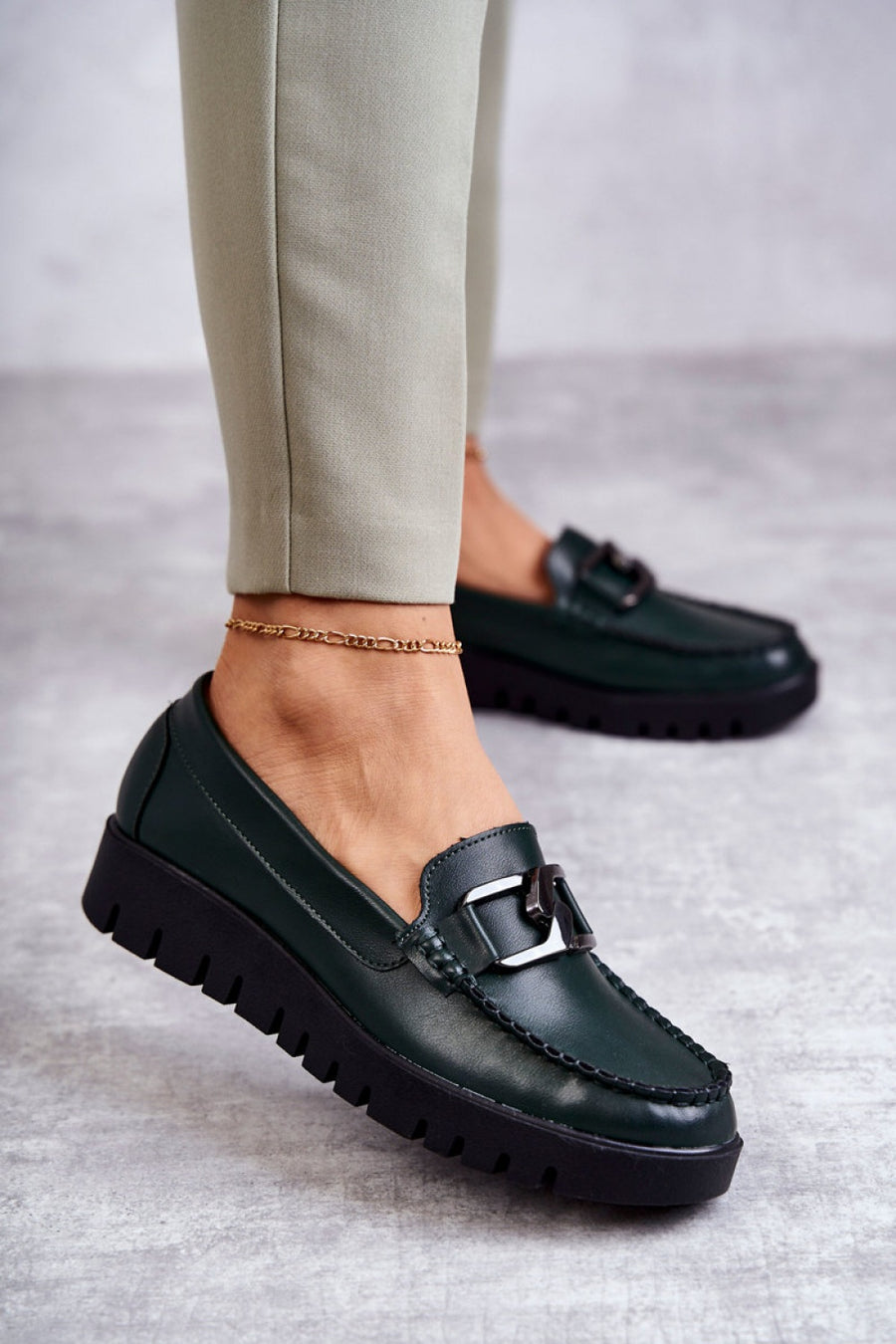 Step In Style Loafery Kjersti Green Faux Leather Shoes