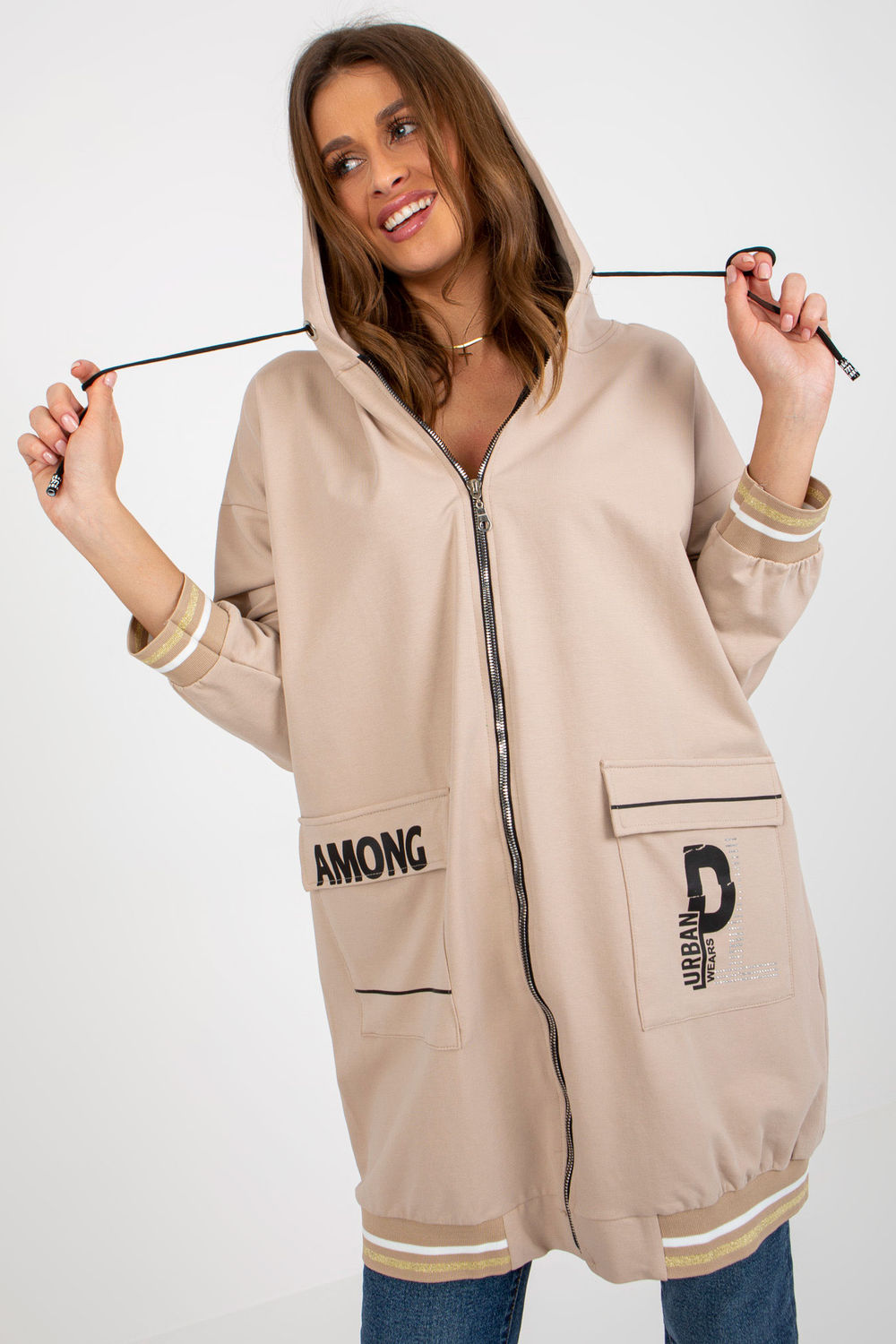Relevance Beige Hooded Long Sleeve Sweatshirt with Pockets