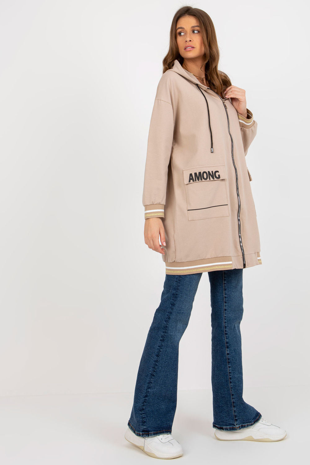 Relevance Beige Hooded Long Sleeve Sweatshirt with Pockets - view 2