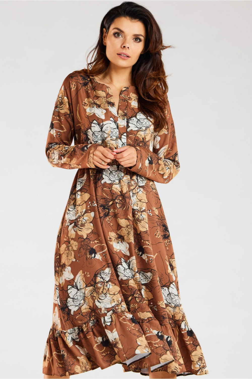 Awama Patterned Midi Flared Long Sleeve Dress