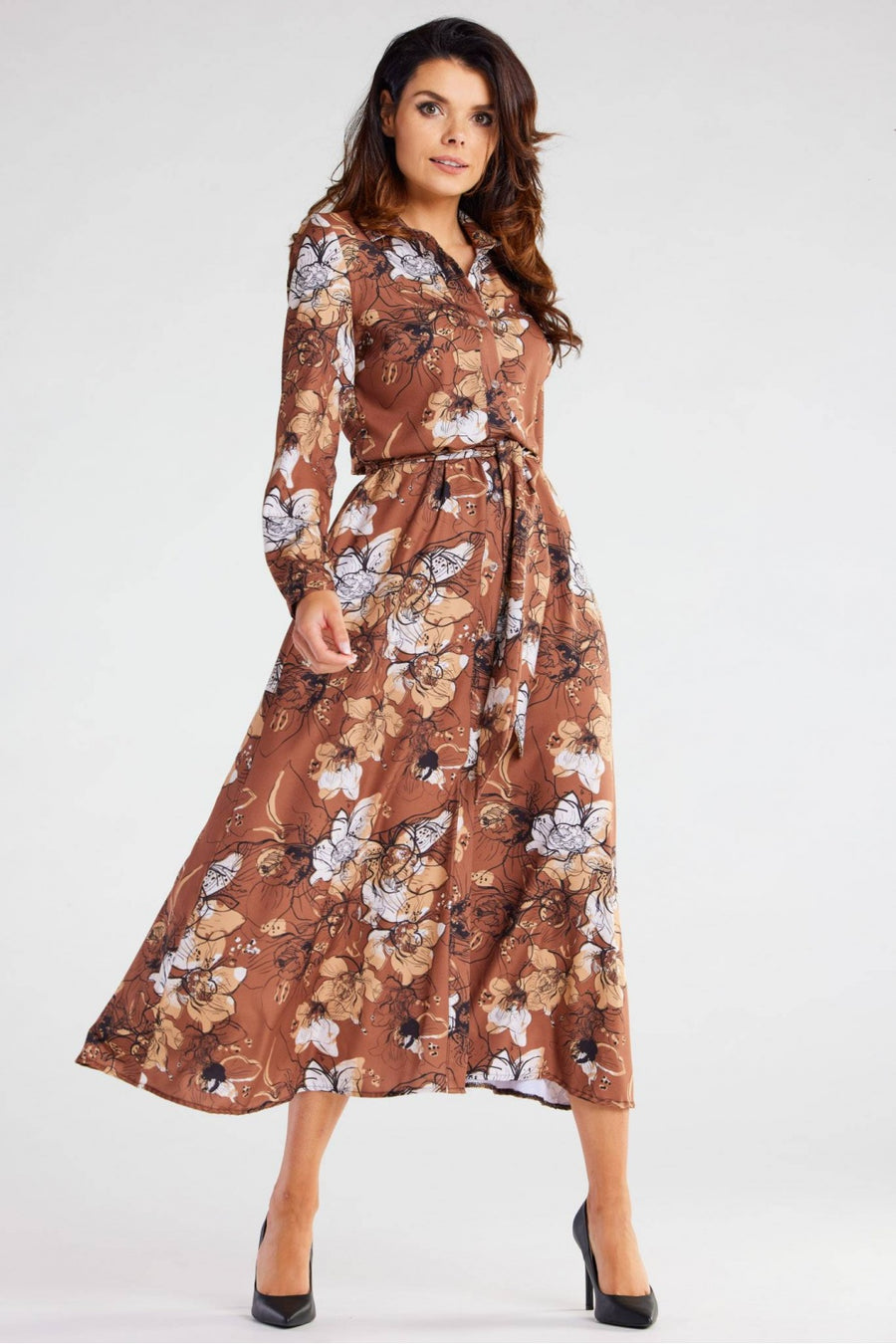Awama Patterned Maxi Flared Long Sleeve Dress