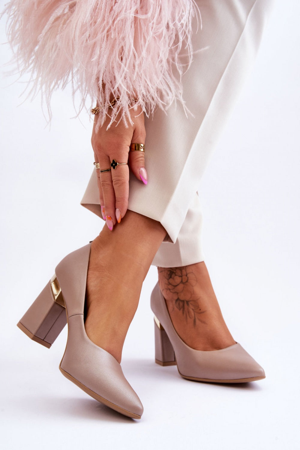 Step In Style Beige Leather Block Heel Court Shoes with Pointed Toe