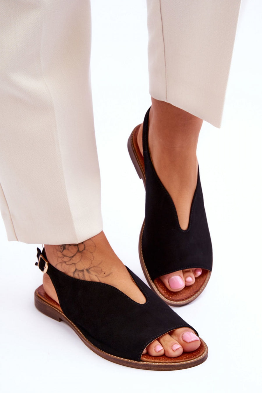 Step In Style Black Suede Flat Sandals with Adjustable Straps