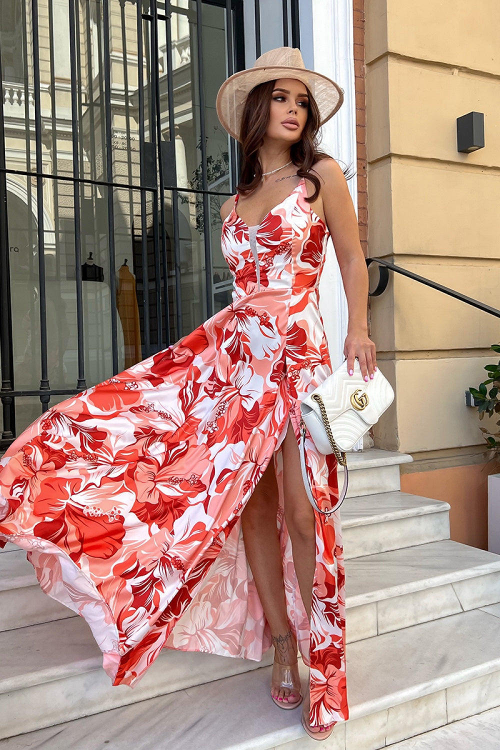 Bicotone Orange Satin Floral Dress