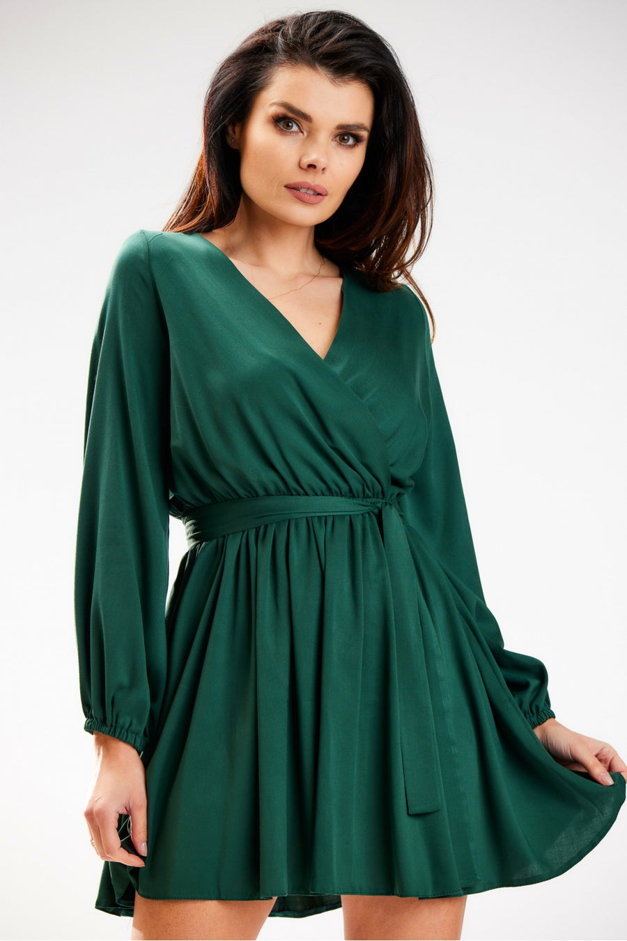 Awama Bottle Green Mini Long Sleeve Dress