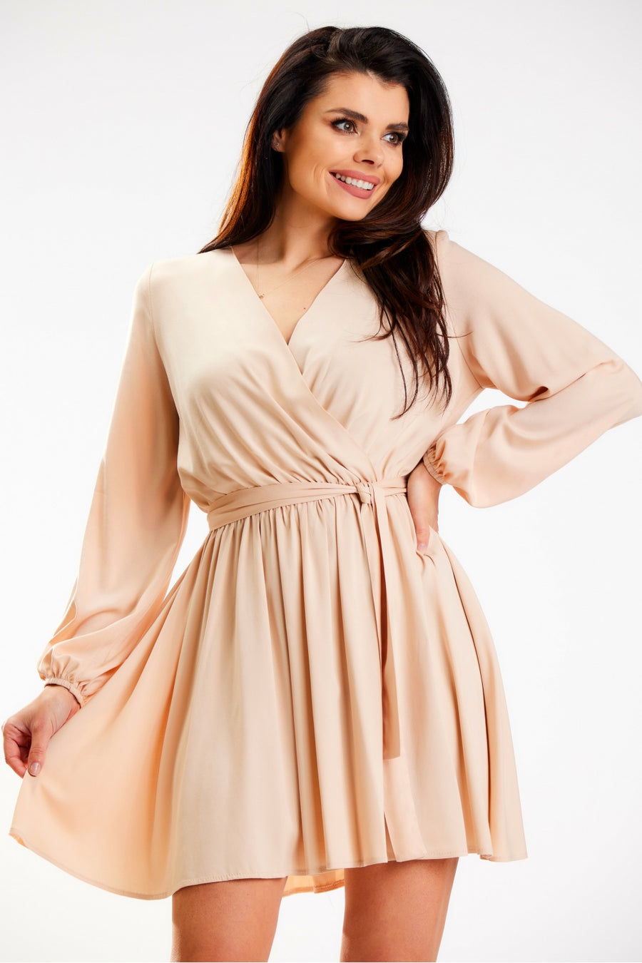 Awama Beige Mini Long Sleeve Dress