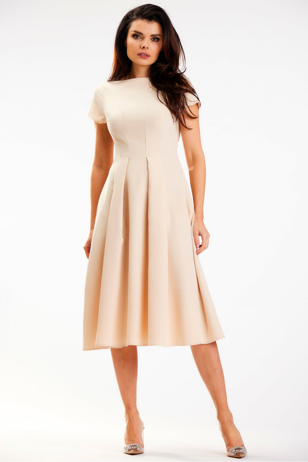 Awama Beige Midi Short Sleeve Dress