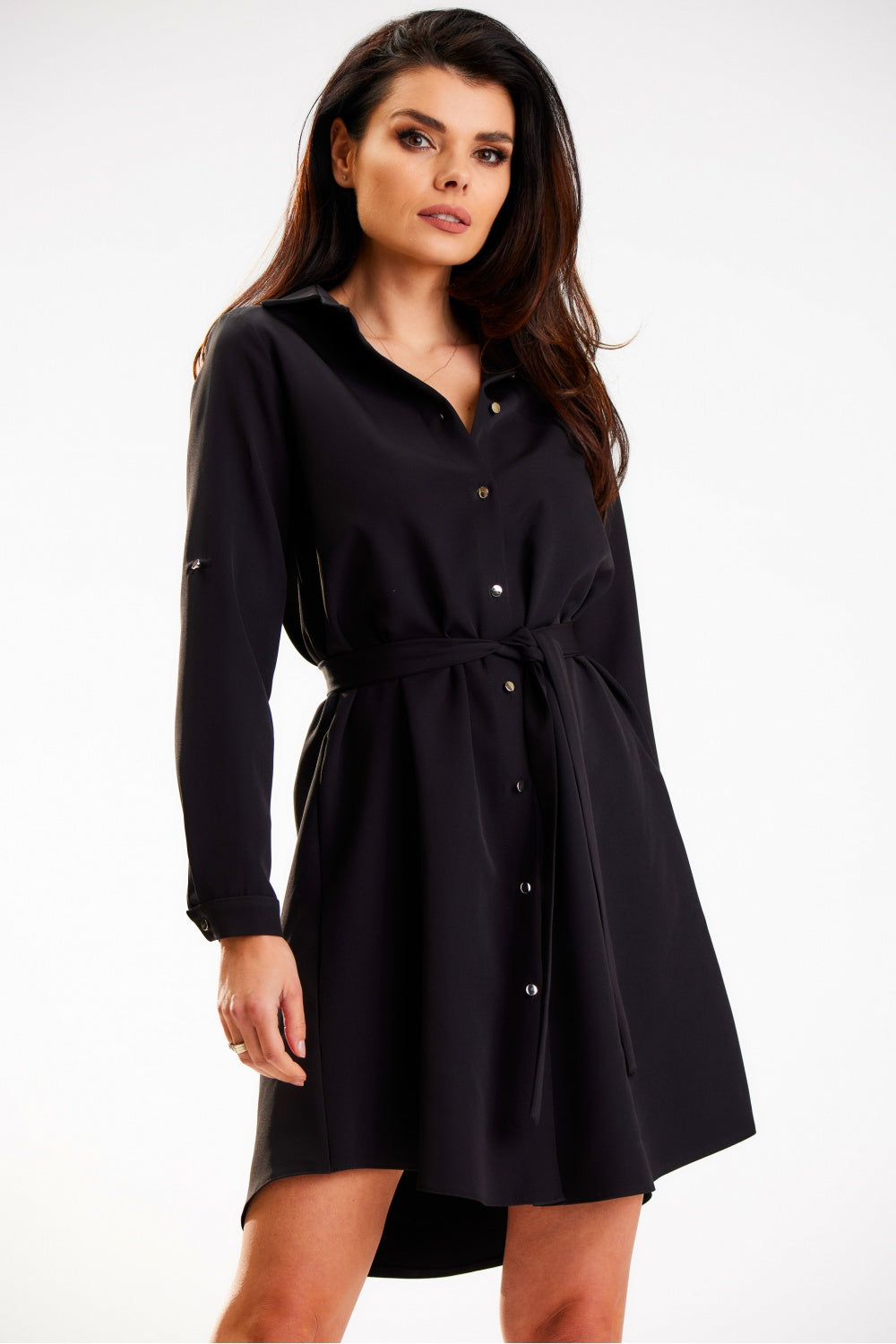 Awama Black Polyester Mini Long Sleeve Dress