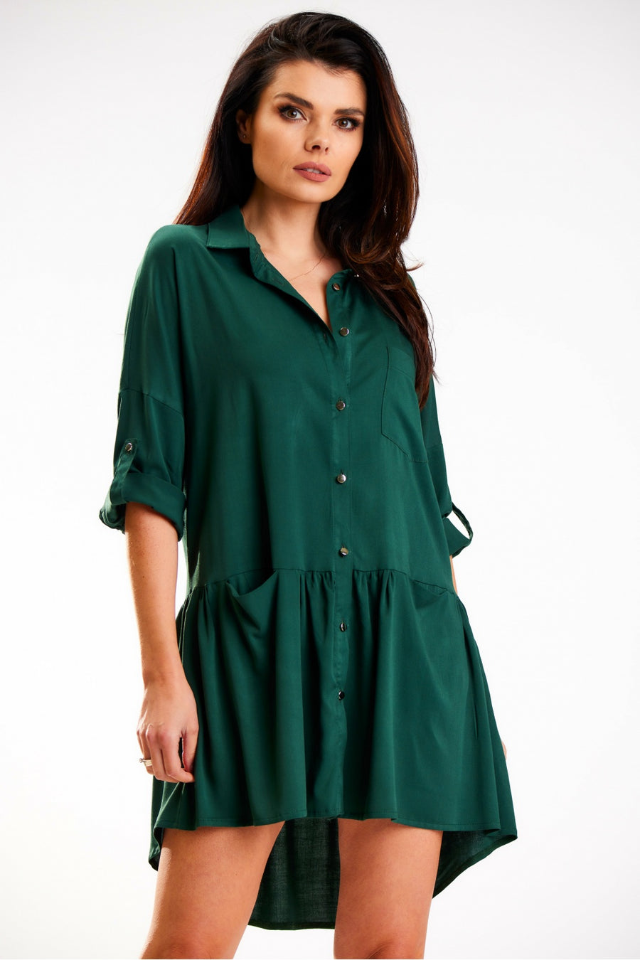 Awama Bottle Green Collared Long Sleeve Dress