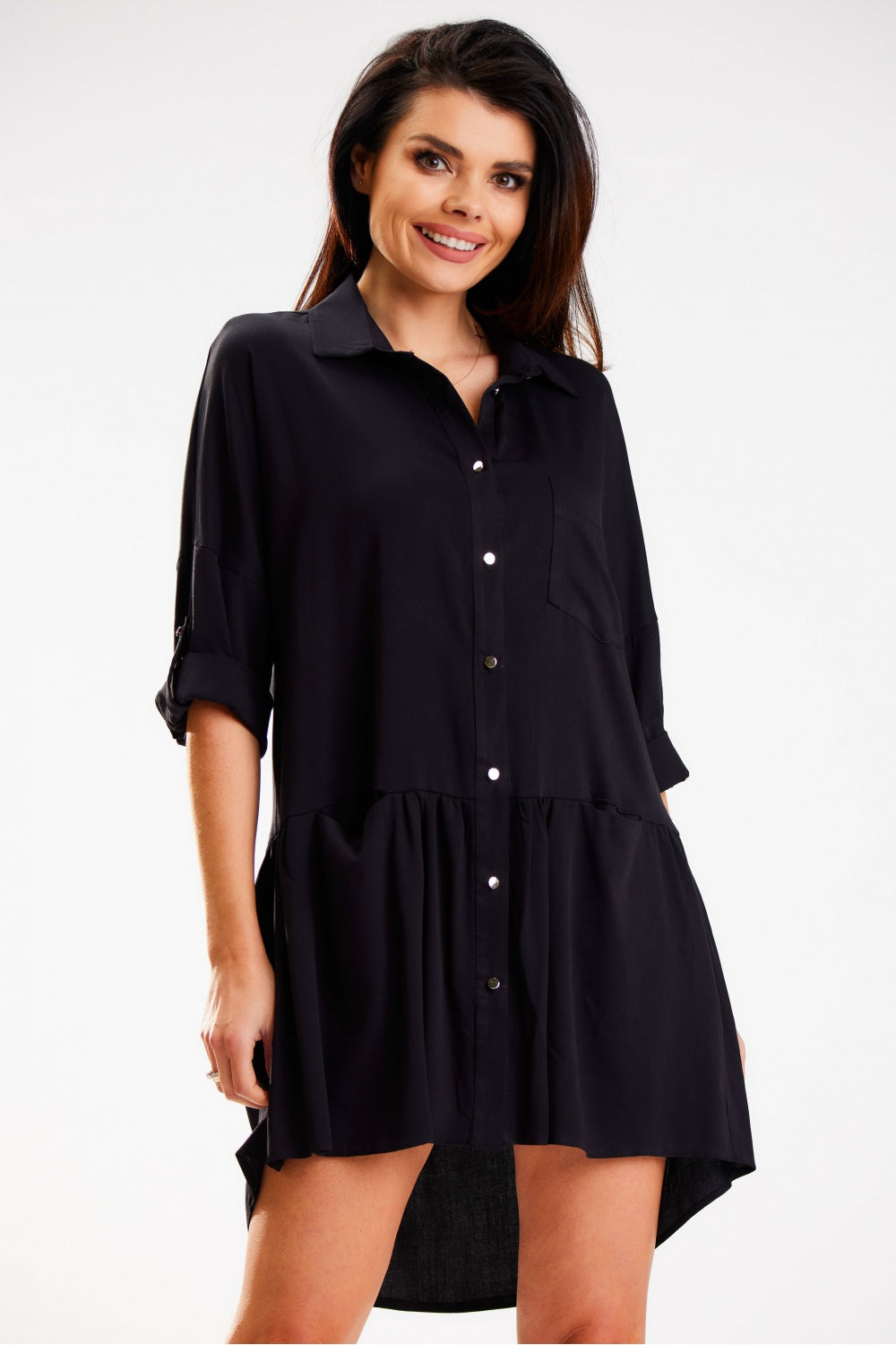 Awama Black Collared Long Sleeve Dress