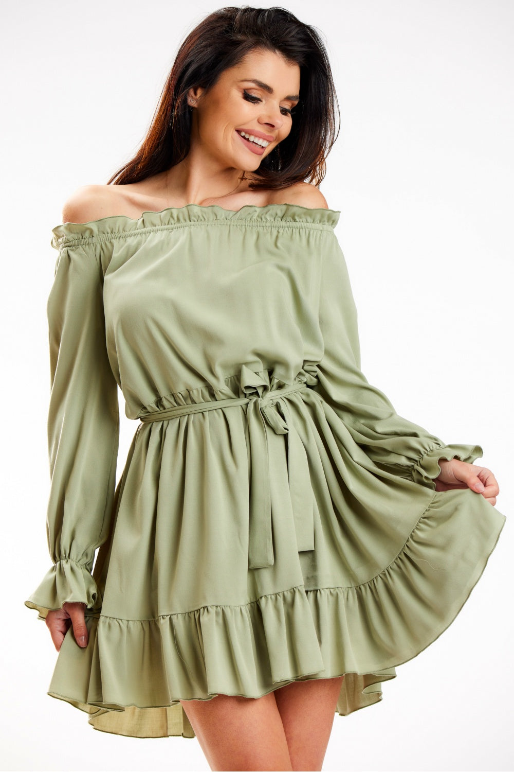 Awama Green A-Line Long Sleeve Dress
