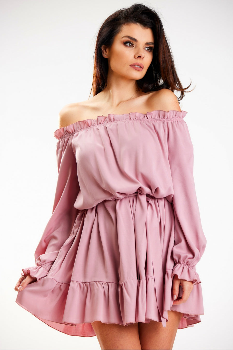 Awama Pink A-Line Long Sleeve Dress
